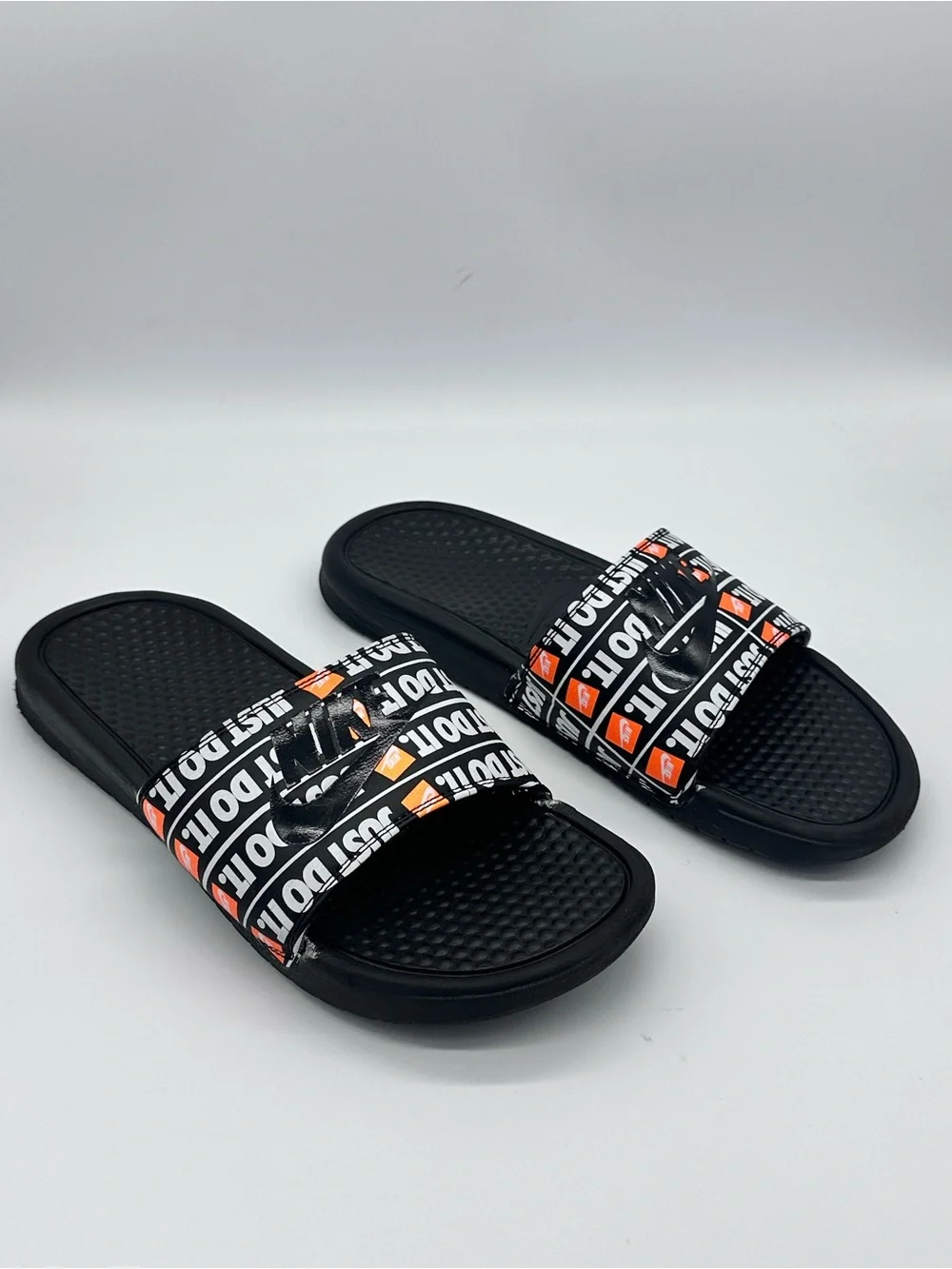 Nike Benassi JDI Print Just Do It Men's Slides Sandal Black Orange Size 9